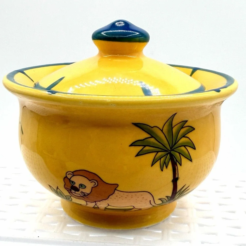 Vintage Pottery Barn Safari Creamer & Sugar Bowl Set Yellow Animals Jungle